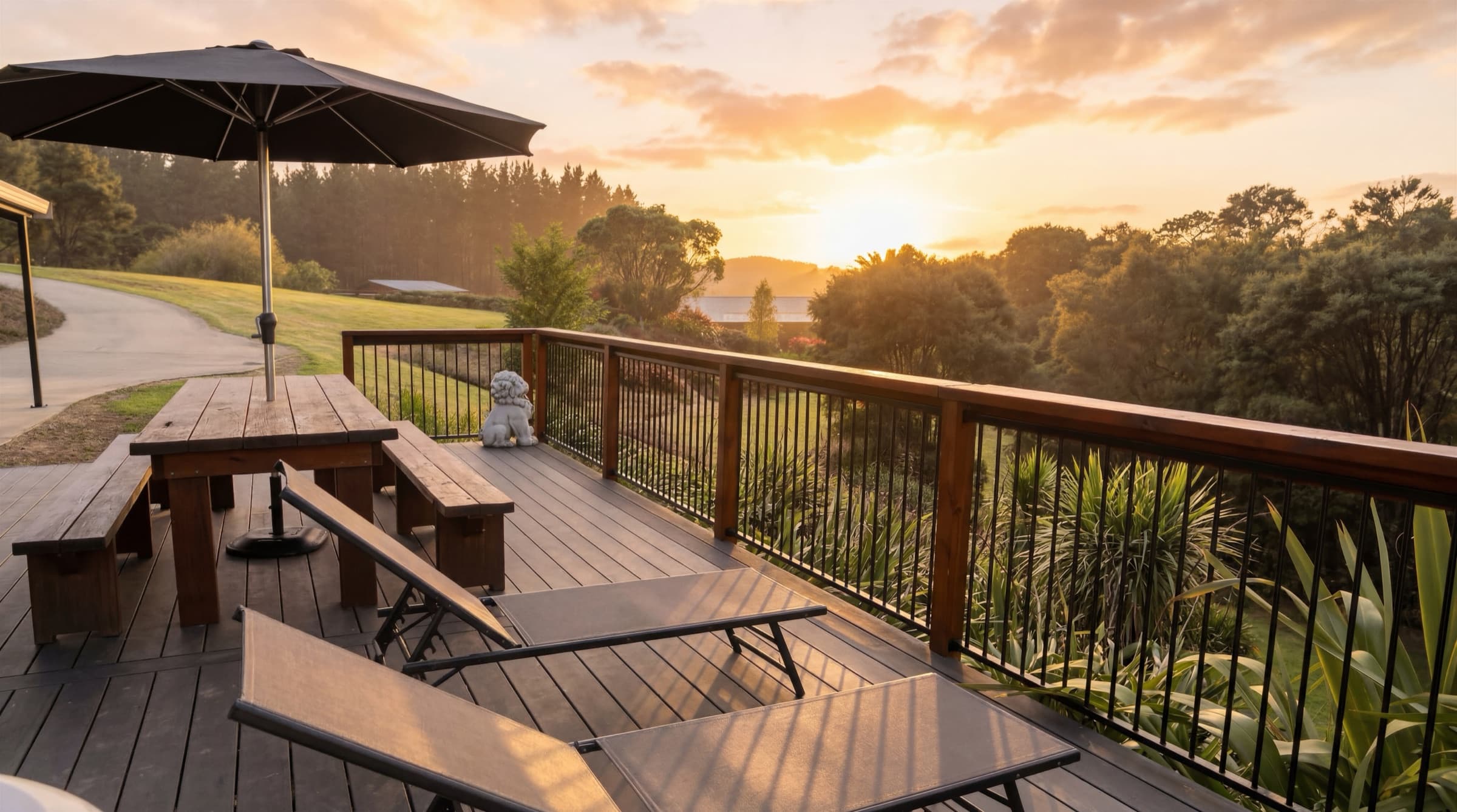 The sun deck at golden sunrise, the valley and sky beyond